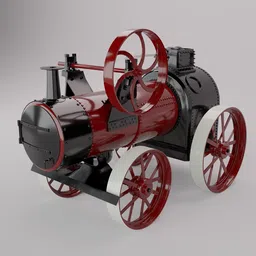 Detailed 3D rendering of a vintage steam-powered tractor with red and black finish, optimized for Blender.