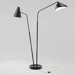 Detailed 3D render of a modern floor lamp with adjustable arms and lampshades, showcased in centimeters, created with Blender Cycles.