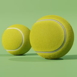 "Two tennis balls - one old and one new - with hair particle details, rendered in Pixar style. Perfect for Blender 3D modeling projects in extreme sports category."