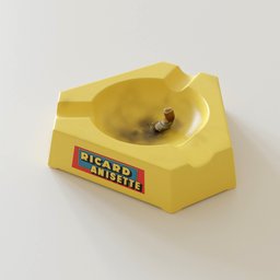 "French bistro advertising ashtray, featuring a yellow ashtray with a cigarette on a white surface. This meticulously detailed 3D model is reminiscent of mid-20th-century art. Perfect for Blender 3D enthusiasts seeking high-quality furnishings and a touch of pop-art flair."