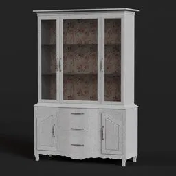 "White Wooden Closet 3D model for Blender 3D: a detailed and rigged furniture piece featuring floral wallpaper on the back. Bumped three-dimensional features bring realism to this old-style cabinet. Perfect for storage category projects, game engines, animations, and catalogs."