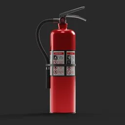 Detailed 3D model of red fire extinguisher with labels, suitable for Blender rendering.