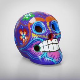 "Handpainted Mexican Skull - Vibrantly colored souvenir sculpture from Mexico in an in-game style, featuring a realistic skin shader. Created using Blender 3D software for optimal 3D modeling experience."