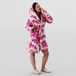 3D model of a yawning girl in floral robe with eye patches, ideal for Blender character design.