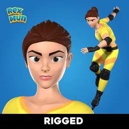 "Skate girl character rigged for Blender 3D - low-poly model with clean topology and well-proportioned base mesh ready for animation. The model features a girl in a yellow top and black leggings doing skateboarding tricks, with brown hair in a ponytail. Rigged and UV-mapped with no blend shapes applied."
