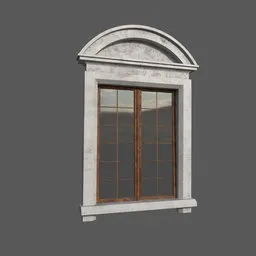 Arched classical window 3D model with textured stone lintel and wooden frame for Blender rendering.