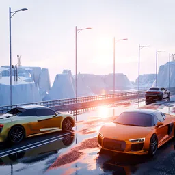 Modern Sports Cars on Frozen Lake