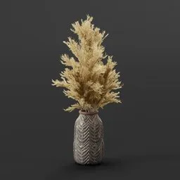 "Vase with wheat 3D model for Blender 3D - a stunning depiction of a vase with wheat on a black background. This photorealistic model features a grainy texture reminiscent of apex legends and is perfect for adding a touch of realism to your scenes. Created using Blender 3D software, it's suitable for various projects and styles."