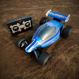 Highly-detailed Blender 3D model of a blue racing-style remote control car with black wheels and controller included.