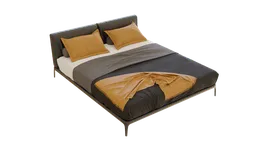 Realistic Blender 3D model of a double bed with luxurious orange pillows and elegant bedding.