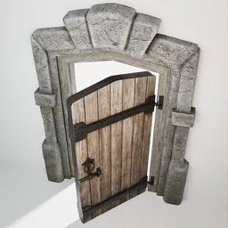 Low-poly 3D model featuring a textured wooden door with functional hinges, suitable for historical scenes in Blender.