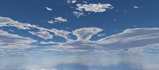 Clear blue sky and scattered clouds HDR image reflecting on water surface, ideal for aerial scenes lighting.