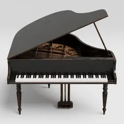 "3D model of a Biedermeier-inspired black piano with white keyboard on a white background, created using Blender 3D software and rendered with V-ray engine. Includes extreme detail resolution and three quarter notes in varying object positions. Inspired by Samuel F. B. Morse and created with Rhinoceros 3D."