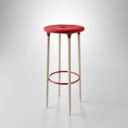 Realistic 3D model of a minimalist stool with red cushion and light wood finish, optimized for Blender use.