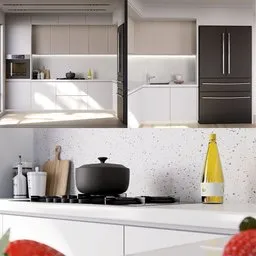 Detailed 3D-rendered kitchen scene with realistic lighting for Blender modeling reference