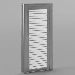"Metallic Door 3D Model - Close-up view of a white shuttered metal door with grills, designed for outdoor scenes. Rendered in Blender 3D. Inspired by Enguerrand Quarton's style, this product photo showcases a flat grey color, subdivision, and vertical lines for a visually appealing effect."