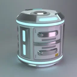 Detailed 3D model of a futuristic barrel-shaped battery cell with metallic finish and glowing elements, designed for Blender rendering.