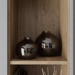 "Simple vase decor 3D model for Blender 3D: includes two vases with sticks, brown wood cabinets, and shiny glossy mirror reflections. AI generated glowing interior components and rendered in Unreal Engine 3D. Perfect for interior archivis and retail design projects."