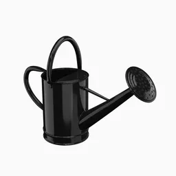 "High-quality 3D model of a black metal watering can, suitable for Blender 3D users. This official product image inspired by Jacques Daret features a handle and a rain sensor, and comes in small, medium, and large sizes. Perfect for in-game use or high-definition photographs."