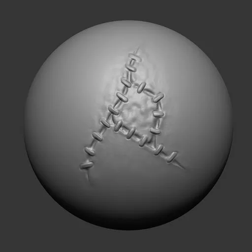 3D sculpting brush imprint of stitched flesh for detailing undead models in Blender 3D.