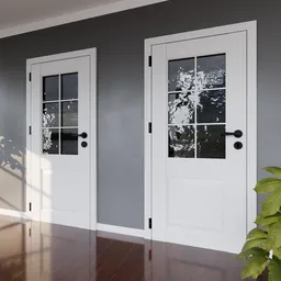 Realistic white double doors with transparent glass panes for 3D house modeling in Blender.