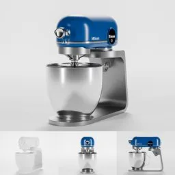 Detailed Blender 3D render of a sleek modern blue standing kitchen mixer with stainless steel bowl.