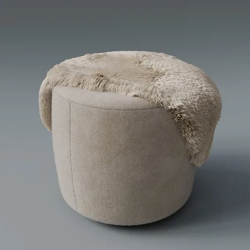 Highly detailed Blender 3D model of a fabric pouf with textured fluffy blanket, showcasing realistic shaders and fiber particle effects.