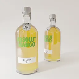 Blender 3D render of two realistic Absolut Mango vodka bottles, 70cl, with detailed labels and caps.