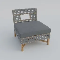 "A modern designer chair with a cushion and wicker finish in 3D. Perfect for use in Blender 3D software. This collection product is styled like IKEA furniture with intricate lattice and textile details."