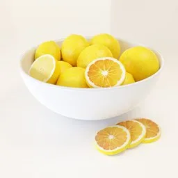 Realistic Blender 3D model of a bowl with whole and sliced Sicilian lemons, perfect for culinary renders.