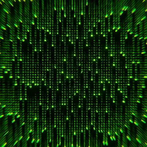 Detailed digital green matrix code simulation, 3D model rendered with Blender, abstract backdrop for creative design.