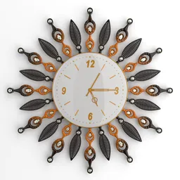 Detailed 3D rendering of an ornate sunburst-style wall clock created in Blender.