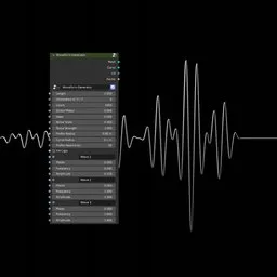 "Generate customizable fake waveforms with the BlenderKit 'Procedural Waveform Generator' model using Blender geometry nodes. Animate phase and seed for unique results. Perfect for science and miscellaneous projects."