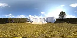 12K panoramic HDR featuring a house with lush lawn, trimmed hedges, and purple flowers for realistic scene lighting.