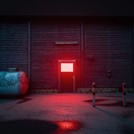 Detailed 3D model of an urban alley at night with a glowing doorway, photoscanned textures, and realistic puddles.