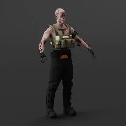 Detailed 3D model of a muscular, tattooed character with military attire, ready for animation in Blender.