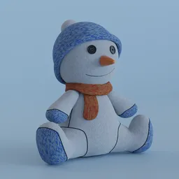 Crocheted-style 3D snowman model wearing a blue beanie and red scarf for Blender Christmas scene creation.