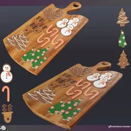 Detailed 3D model featuring Christmas cookies on a wooden board, perfect for holiday scene creation in Blender.