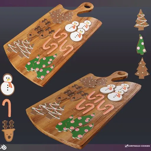 Detailed 3D model featuring Christmas cookies on a wooden board, perfect for holiday scene creation in Blender.