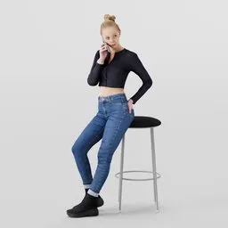 Blonde 3D female model in jeans and black shirt on phone with top knot hairstyle for Blender.