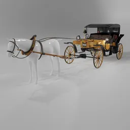 "Explore our historic vehicle 3D model, featuring a 4-person buggy horse team from 1890, complete with traditional carriage lanterns, disc foot brake and drawbar. Created using Blender 3D software, the model captures the essence of a bygone era of luxury and style."
