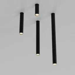 "Industrial PVC ceiling light 3D model for Blender 3D - Three black hanging lamps with realistic details, perfect for infinitely long corridors. Inspired by Nassos Daphnis, this detailed product image features magical particles and evenly spaced interconnections. Created by Josse Lieferinxe - FGNR."