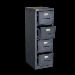 Detailed 3D model of a four-drawer file cabinet, texture-mapped, ideal for Blender exterior scenes.