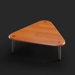 "Triangle Wood Center Table - A stylish and unique 3D model created using Blender 3D. This modern table features a metal leg and a simple yet captivating design, making it perfect for any interior. With its high-quality textures and realistic 3/4 view, this 8K model is a great addition to your Blender 3D collection."