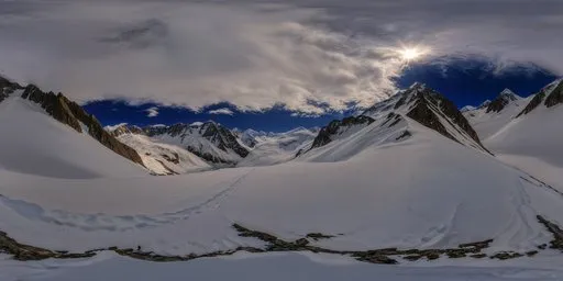 Panoramic snow-covered mountain HDR image with dynamic sky for scene lighting.