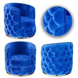 Detailed blue velvet swivel chair 3D render from multiple angles, optimized for Blender, with realistic textures.