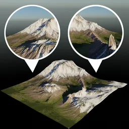"Realistic mountain terrain created in Blender 3D using World Creator 3 software. This 3D model features a picturesque view of a mountain with a lake, global illumination, and top-down perspective. It is well-rendered with surface details, subsurface scattering, and realistic shading."
