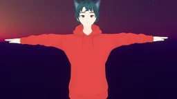 Anime-style 3D character model with cat ears in a red hoodie, designed in Blender 2.92 for game use.