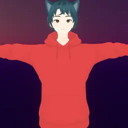 "Child-sized 3D anime character with cat ears and realistic skin shader, wearing a red hoodie, modeled in Blender 3D software. Perfect for game development and usage with accurate anime-style features."
