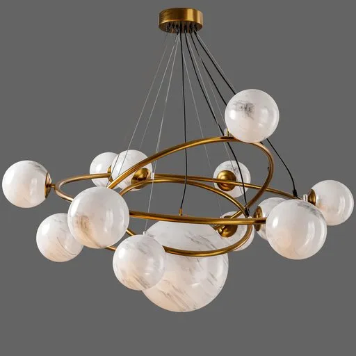 Solar-system-inspired 3D ceiling light model featuring a central white lampshade with twelve orbiting spheres in brass.
